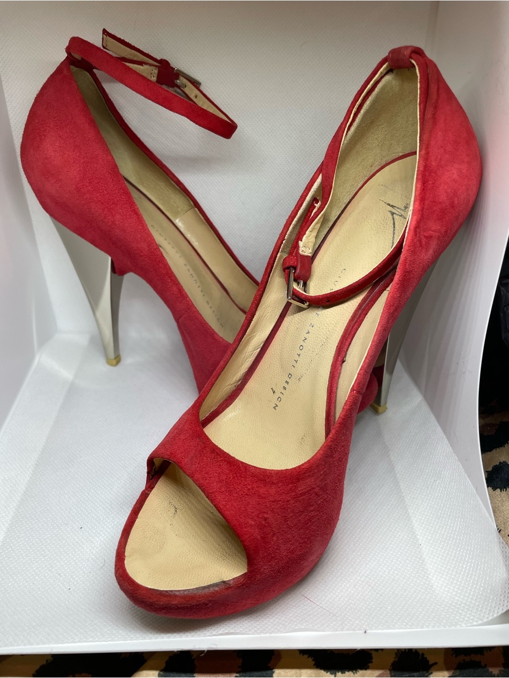 Giuseppe Zanotti Red Suede Peep-Toe Ankle-Strap Silver Metallic Heels